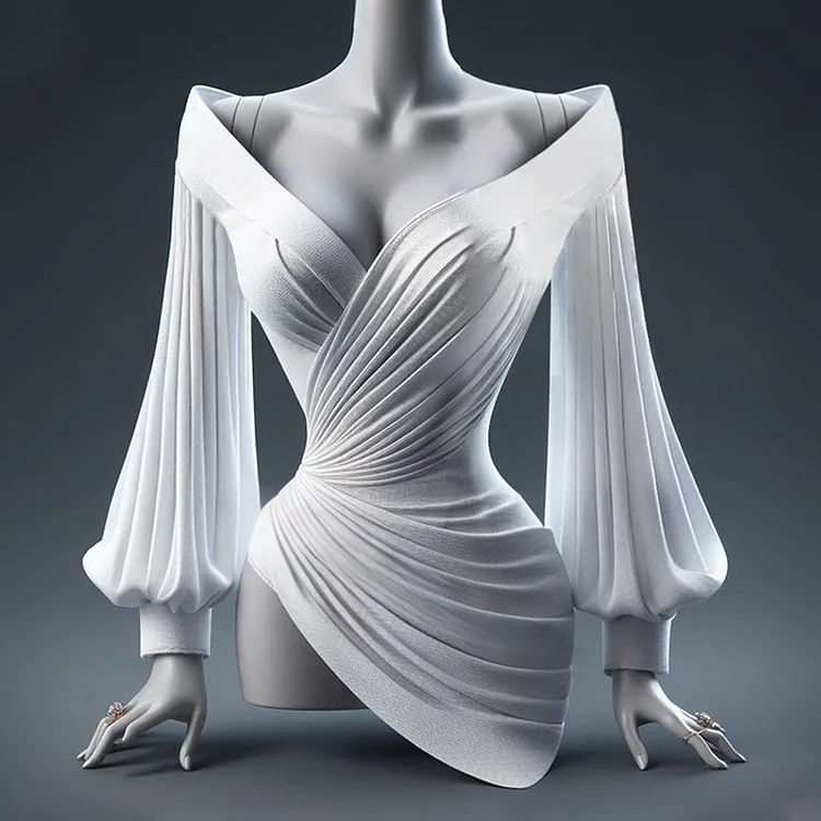 Ursime Pleated Off Shoulder Wrap Lantern Sleeve Solid Blouse