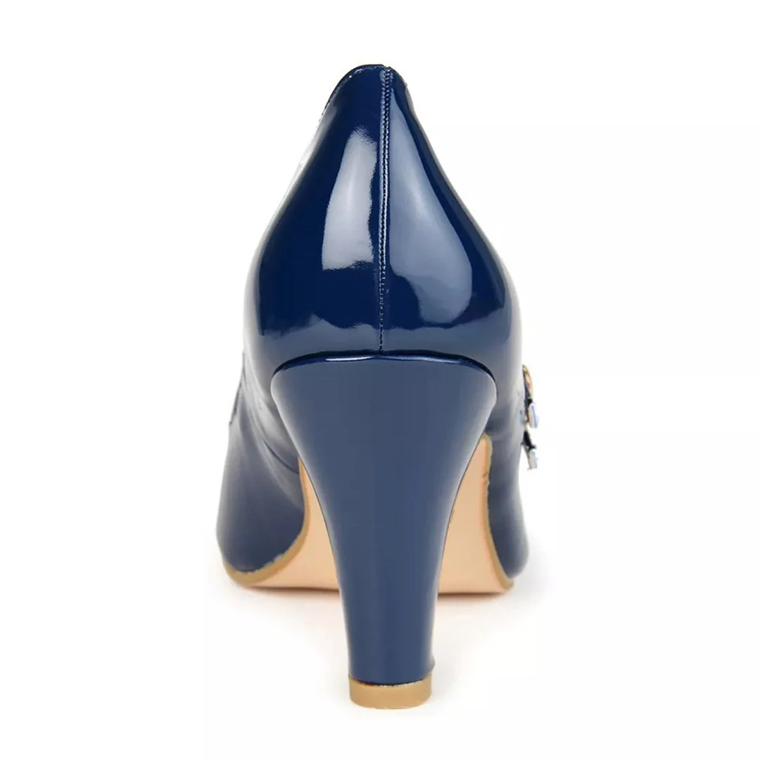 Navy Cute Round Toe Double Buckle Strap Chunky Heeled Mary Janes