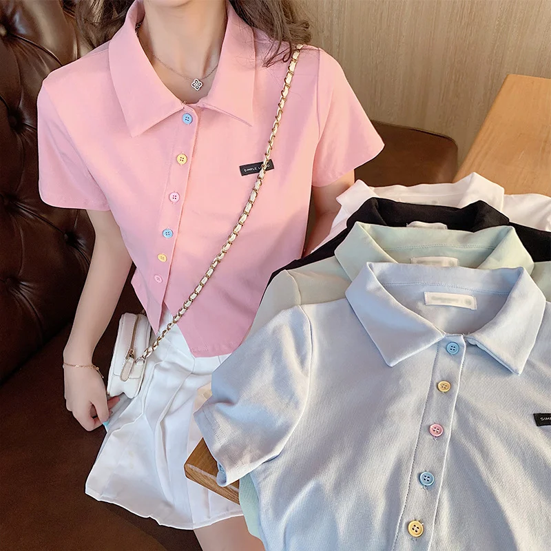 Uveng Uveng Cotton 2024 Summer New Polo Shirt Short-Sleeved T-Shirt Female Slim High Waist Lapel Short Style Student Jacket Tide