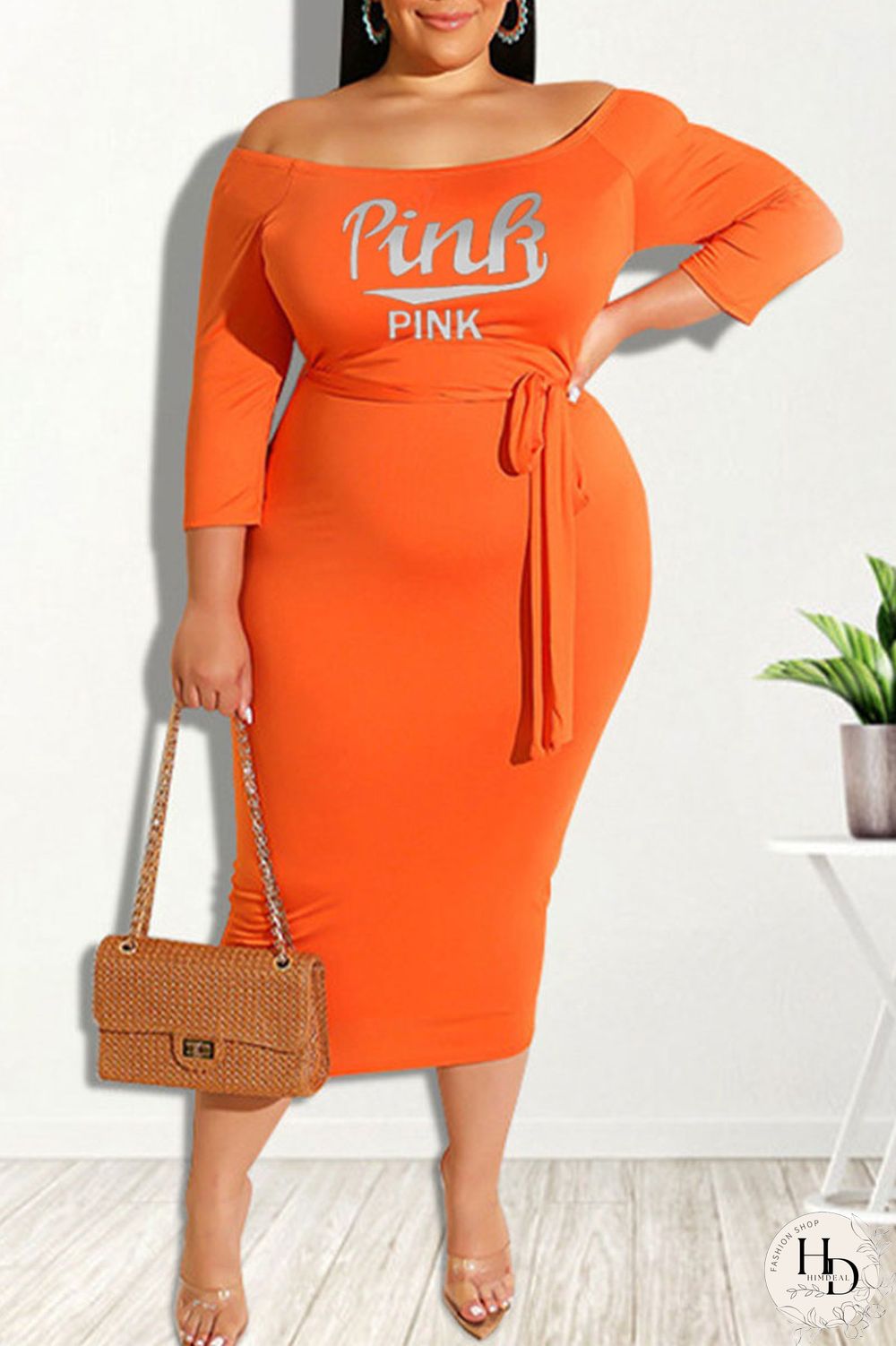 Orange Casual Print Patchwork Off the Shoulder One Step Skirt Plus Size Dresses
