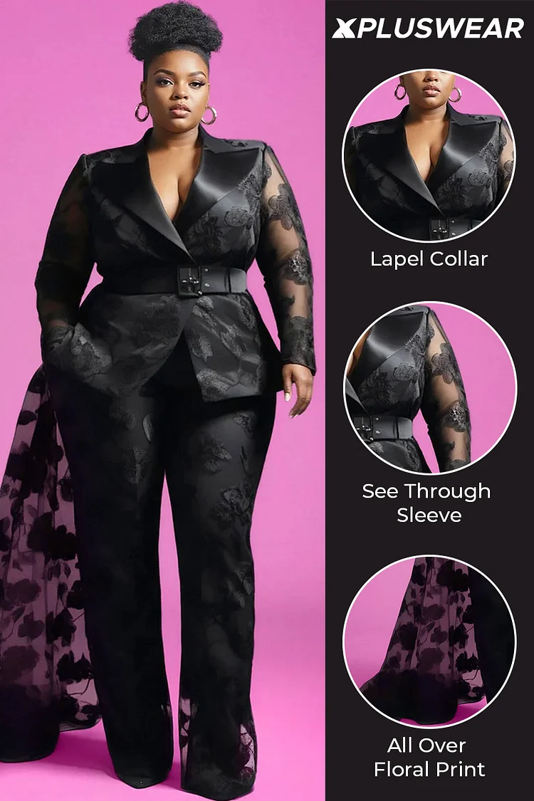 Xpluswear Design Plus Size Formal Black Lapel Collar Long Sleeve See Through Elegant Lace With Skirt Overlay Two Piece Pant Suits [Pre-Order]