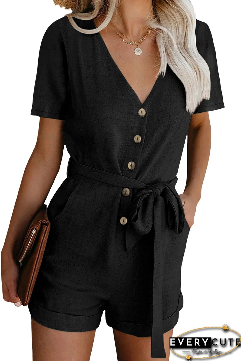 Black V Neck Short Sleeve Buttons Belted Romper with Pockets