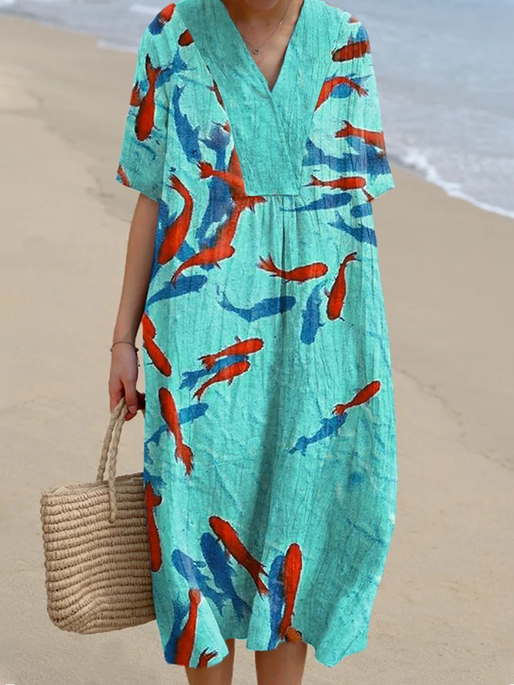 Comstylish Koi Fish Art Print Linen Blend Dress