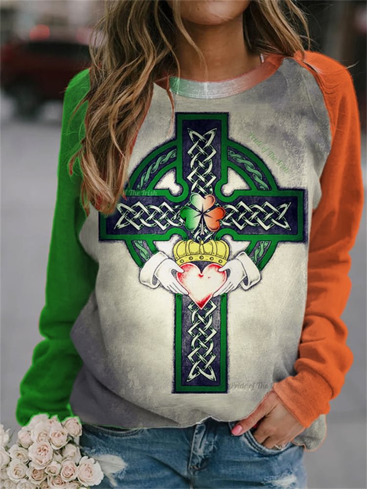 Irish Pride Celtic Cross Contrast Color Sweatshirt