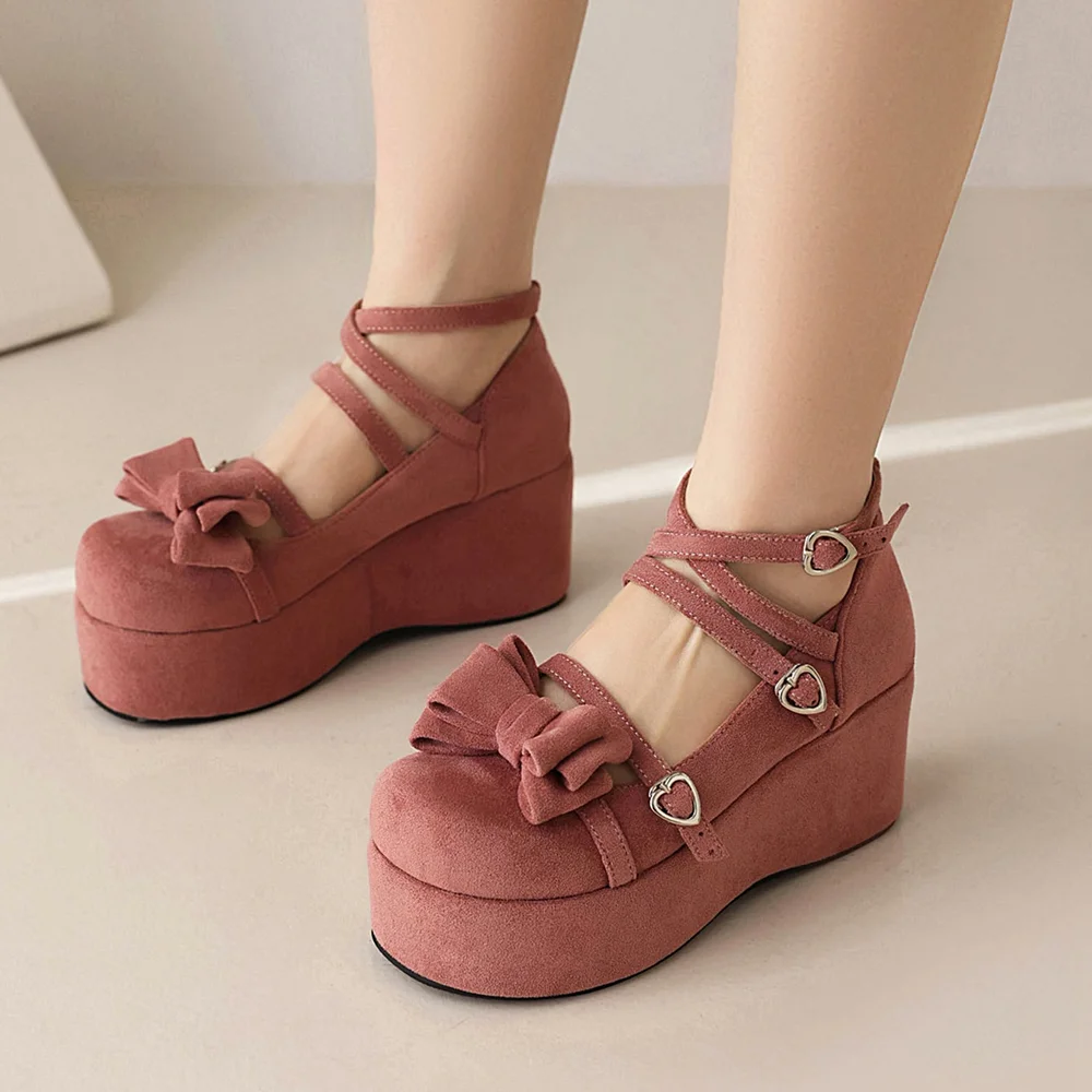 Brown Suede Closed Round Toe Strappy Bow Decor Platform Pumps With Wedge Heels Nicepairs