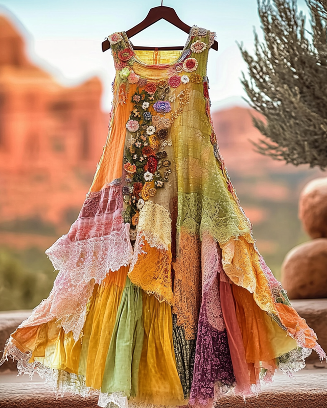 Vintage Floral Embroidery Lace Patchwork Dress