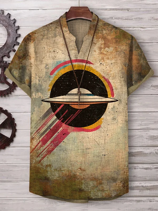Men's Retro UFO Vinyl Record Art Print V Neck T-Shirt