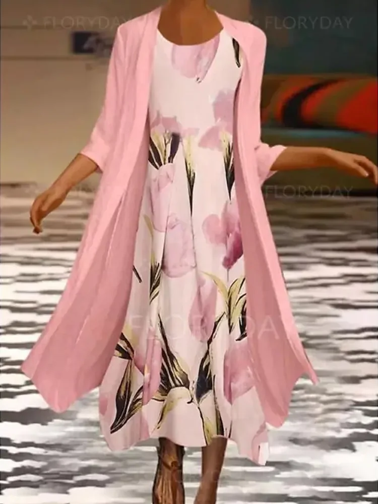 Breakj Spring Elegant Dress Suit Retro Printed Round Neck Dress Solid Jacket Two Piece Women 2022 New Fashion Office Long Dress Suit