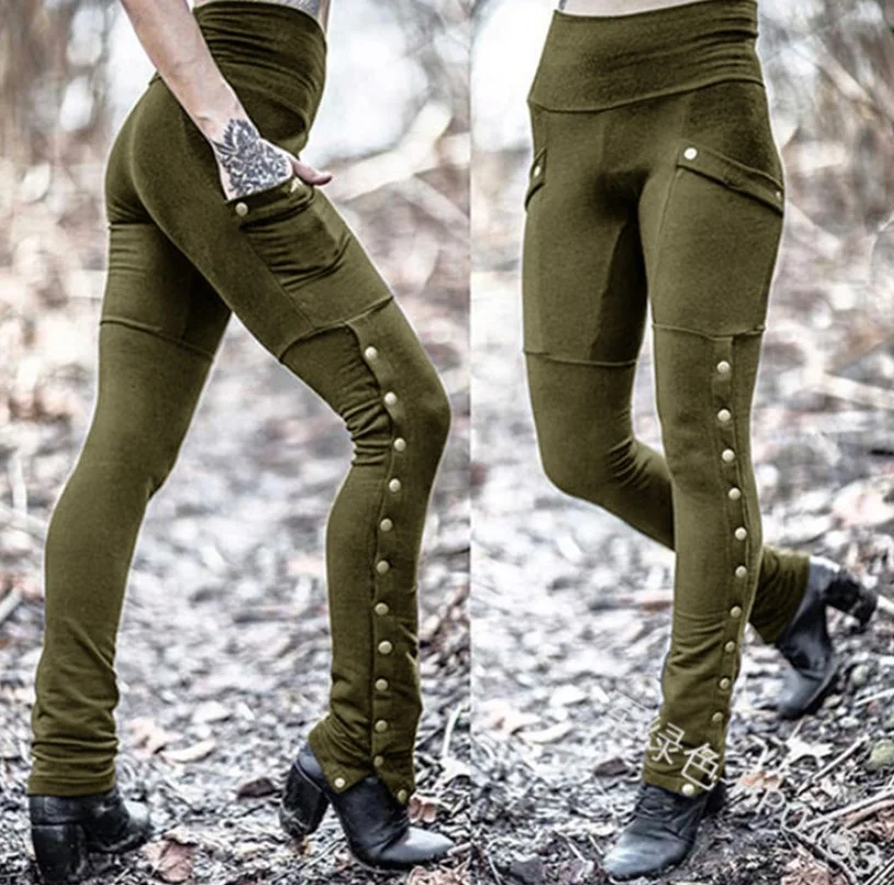 Uveng Uveng Fashion Handsome Lady Rivet Open Fork Design Pedal Trousers Emboldel Pocket Decor Pencil Pants