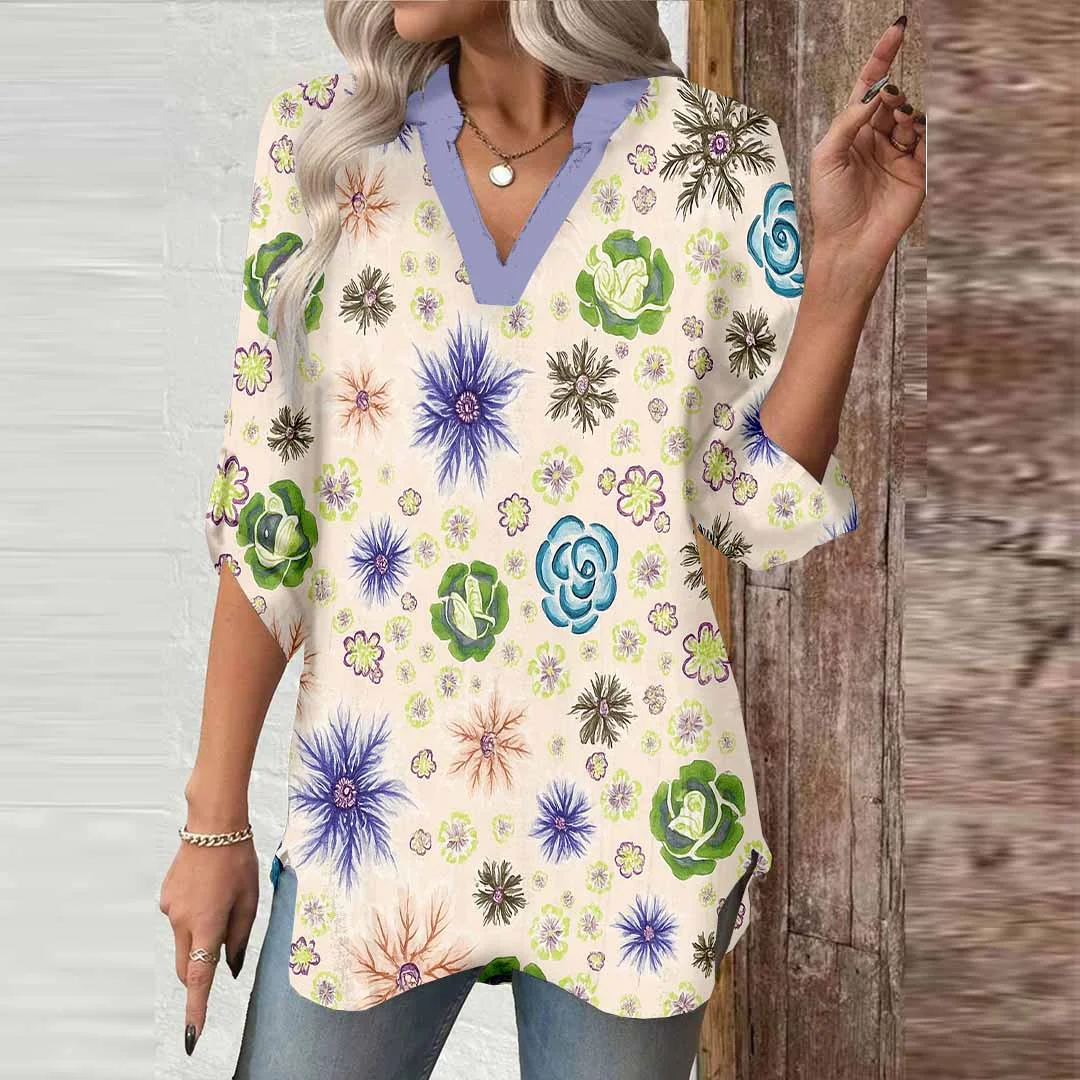 Women Polka Dots, Purple, Green DZGA0494 3/4 Sleeve V-neck Printed Graphic Button Tops