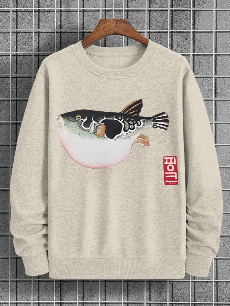 Men's Fun Pink Pufferfish Art Print Cotton Casual Sweatshirt