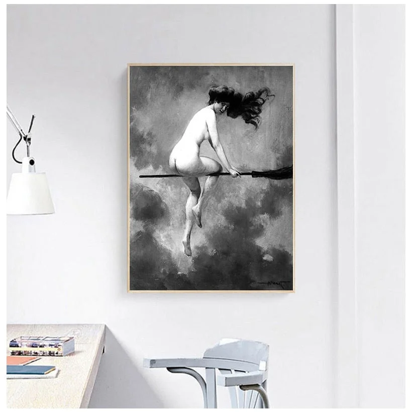 Witch Riding Broomstick Vintage Poster Wall Art Canvas Print Witch Broom Gothic Occult Halloween Antique Black White Painting