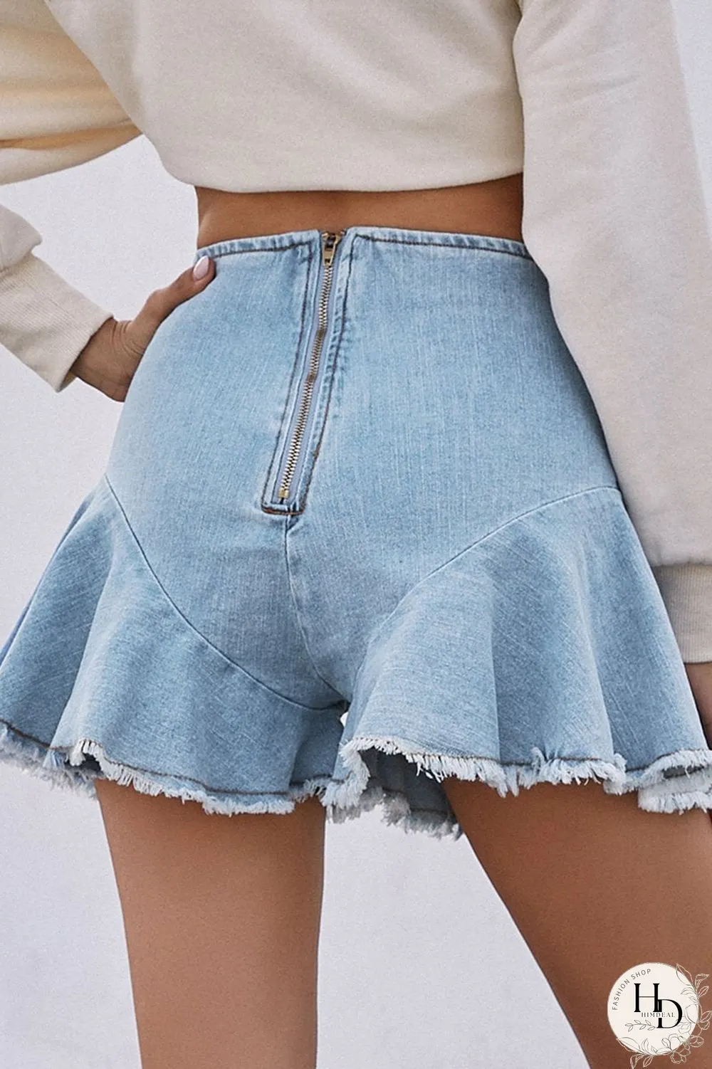 Denim Ruffled Zipper Solid High Waist Shorts