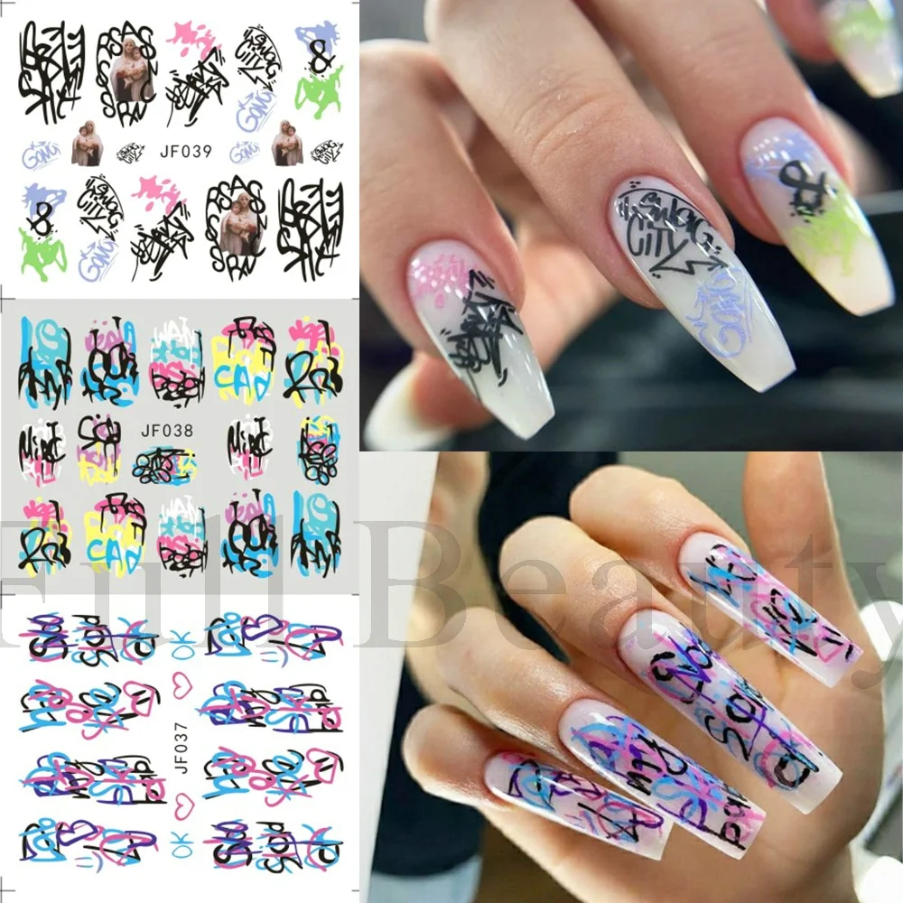 Churchf Graffiti Nail Stickers Lettering Water Nail Decals Trippy Rainbow Lips Sliders French Manicure Tips Watermarks GLJF37-48-Nail Inspo
