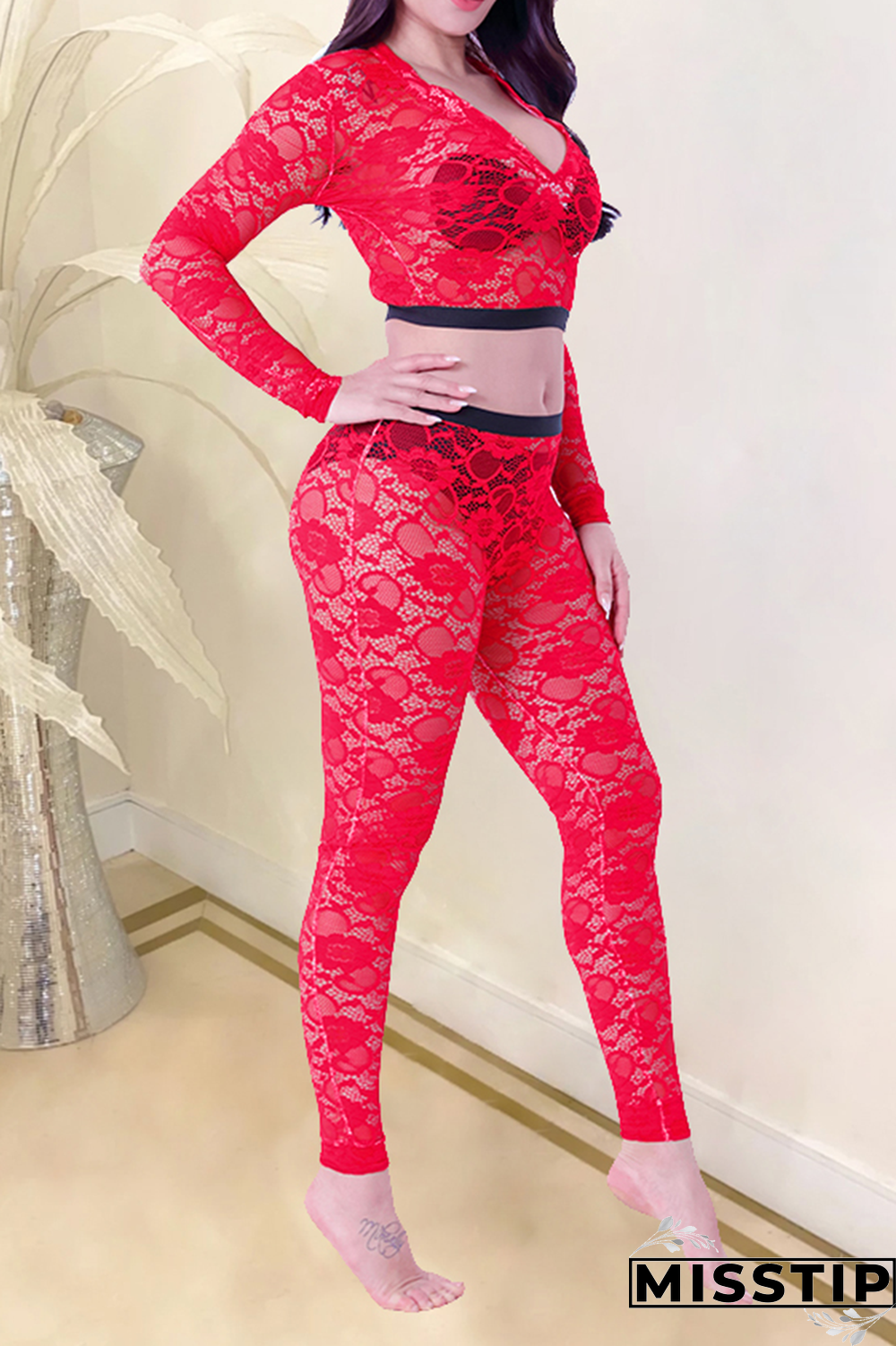 Red Sexy Patchwork Lace V Neck Long Sleeve Two Pieces