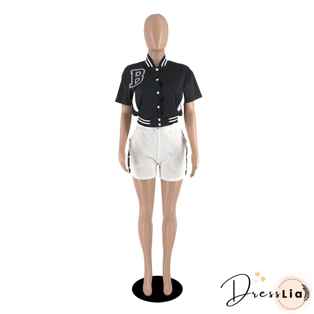 Short Sleeve Button Baseball Jacket and Shorts Set