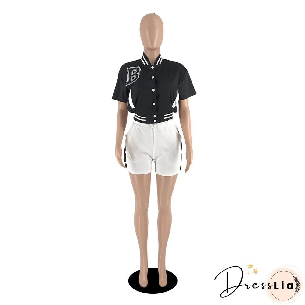 Short Sleeve Button Baseball Jacket and Shorts Set