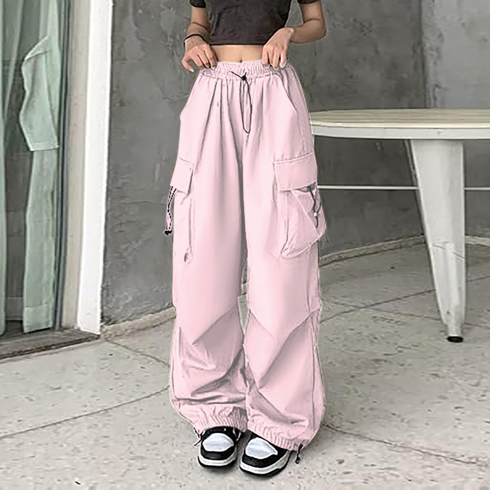 Wildrems Womens Baggy Cargo Pants Streetwear Hip Hop Joggers Sweatpants Drawstring Casual Loose Dress Pants for Women Business Casual