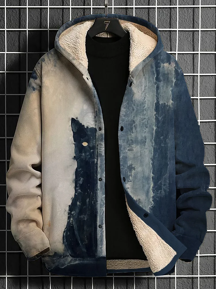 Men's Black Cat Hiding Art Print Long Sleeve Hooded Coat