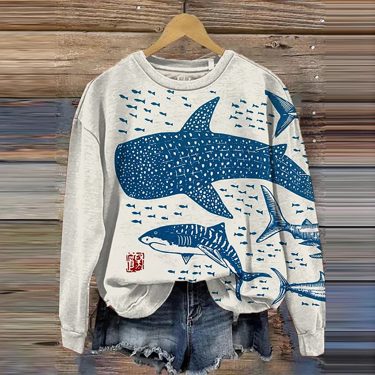Sharks Sea Fish Japanese Lino Art Print Cozy Sweatshirt