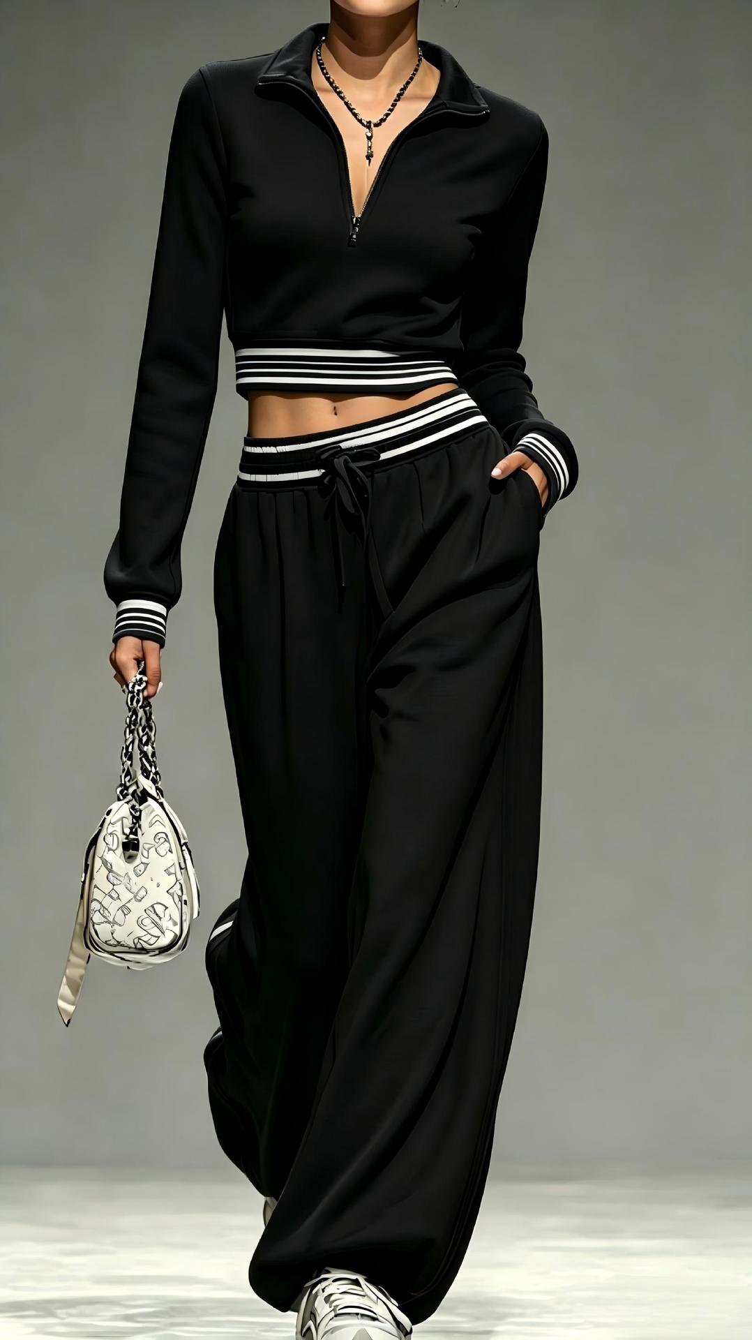 Women Half Zip Crop Sweatshirt & Wide Leg Pants 2 Piece Tracksuit