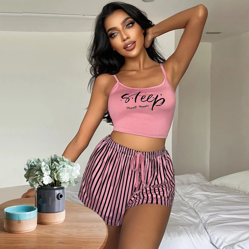 Uveng Uveng Sling Pyjamas Women's Sleet Shorts Set Letter Striped Print Lady's Home Clothes Can Be Worn