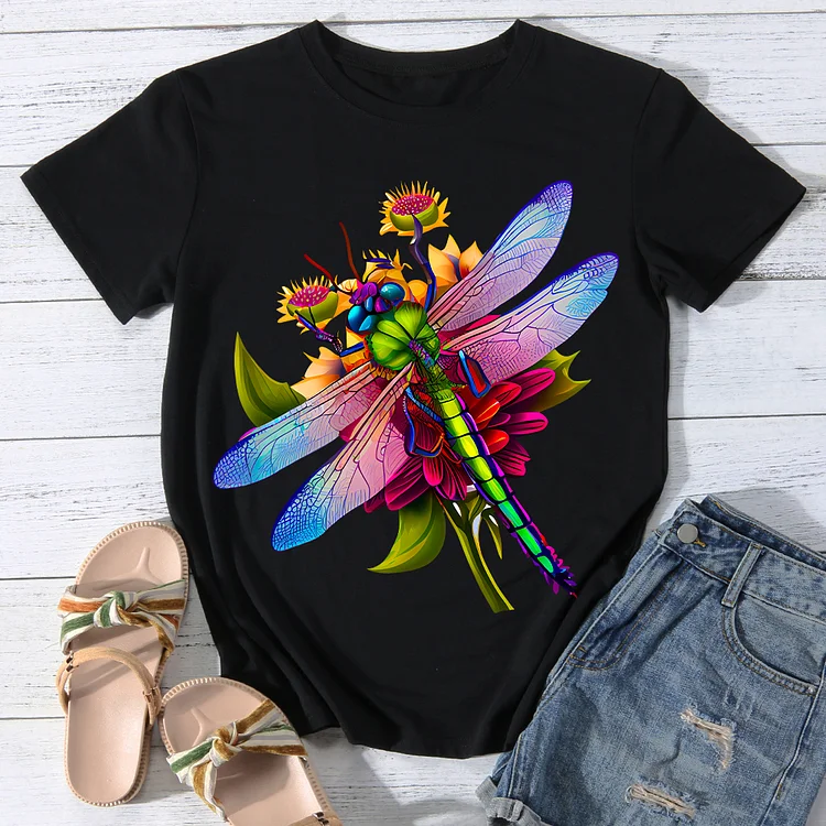 Dragonfly with  Blossoming flower Women Round Neck T-shirt - BSTCA0080