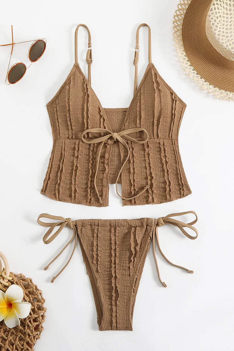 Ruffled Trim Tie Up Cami Textured Split Swimsuit 2pcs Set-Coffee