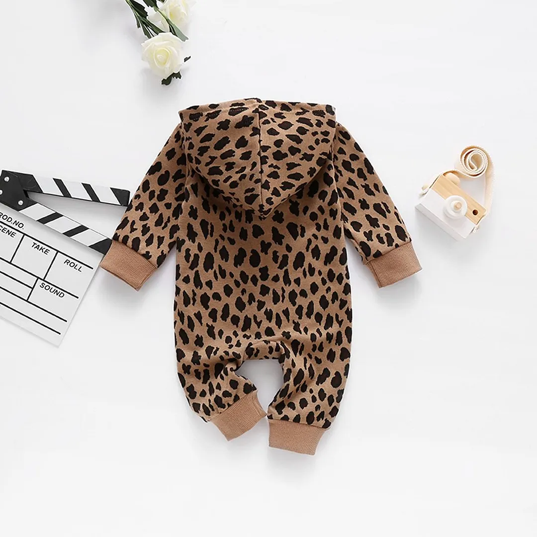 Infant Baby Girls Boys Leopard Print Hooded Romper Toddler Long Sleeve Front Pockets Jumpsuit Baby Loose Playsuit