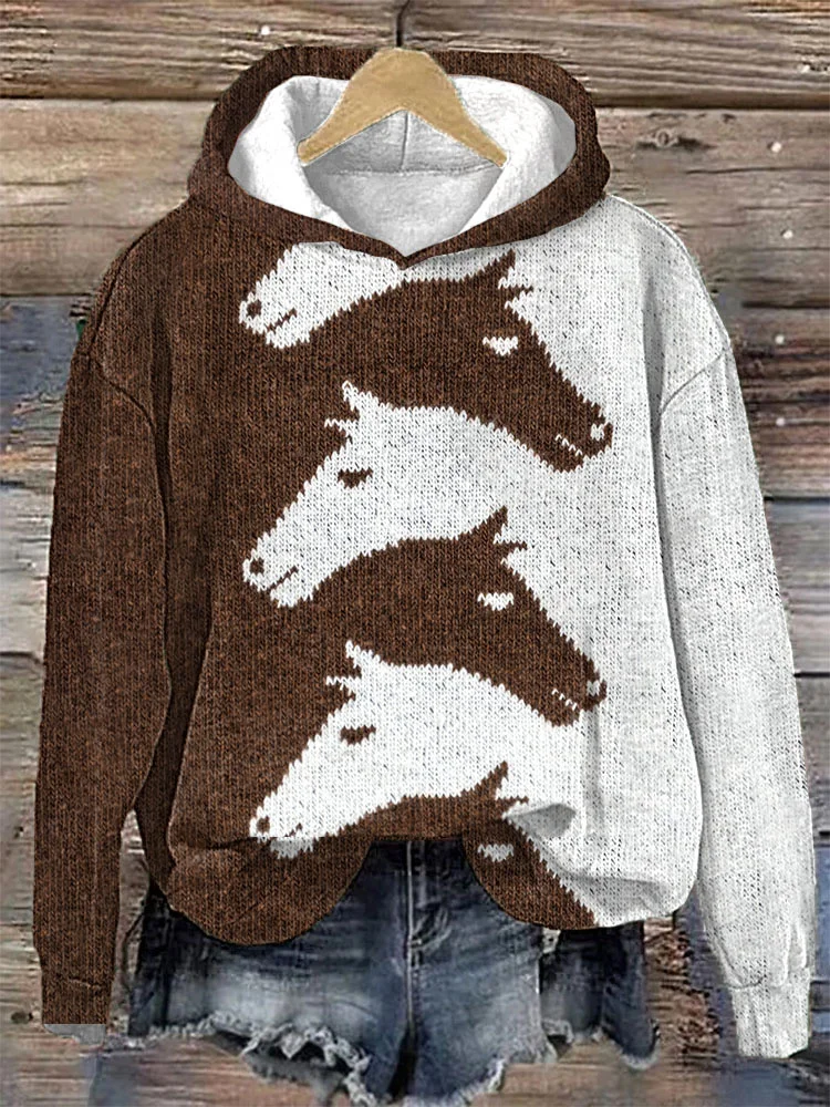 Western Horses Knit Art Print Cotton Cozy Hoodie