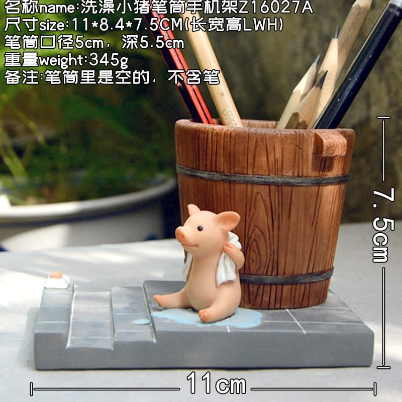 Cute Piggy Phone Stand Penholder Mobile Phone Holder for iPhone iPad Resin Pig Figurine Phone Accessories for Home Decoration