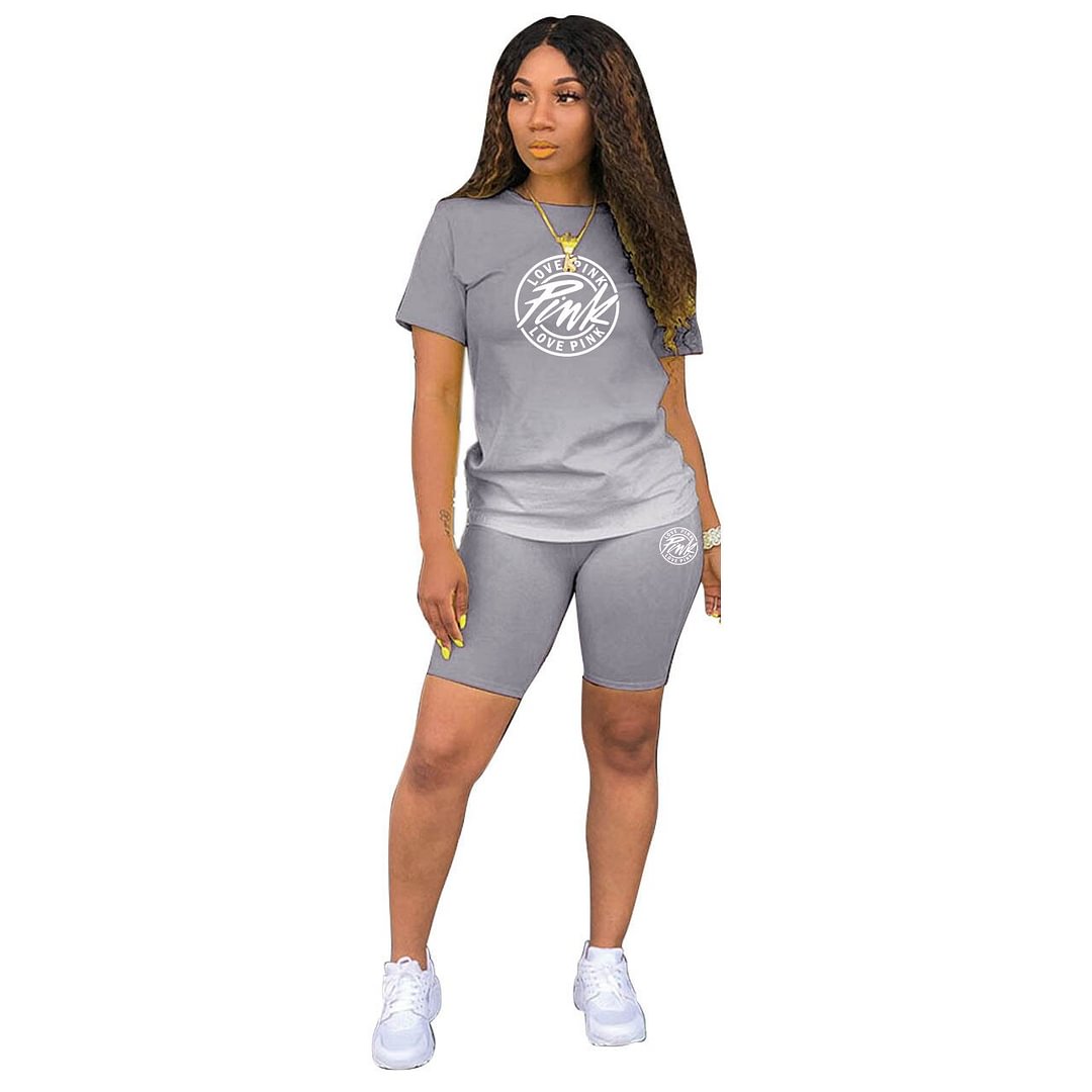 FAGADOER New 2022 Gradient Two Piece Sets Women PINK Letter Print Tshirt And Shorts Female Summer Fashion 2pcs Outfit Streetwear