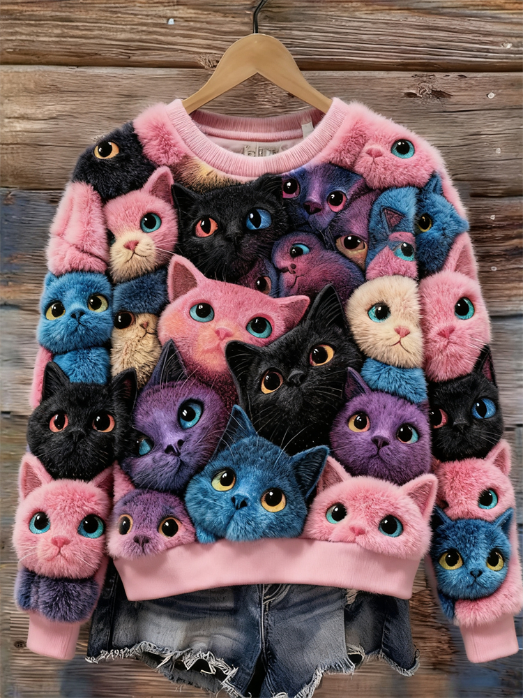 Lovely Crowded Fuzzy Cats Cozy Plush Sweatshirt elevenforest