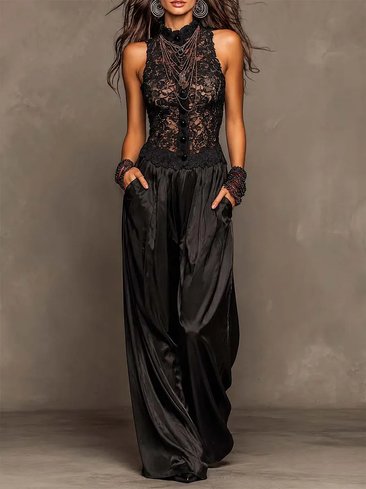 High Neck Lace Spliced Satin Wide Leg Jumpsuit