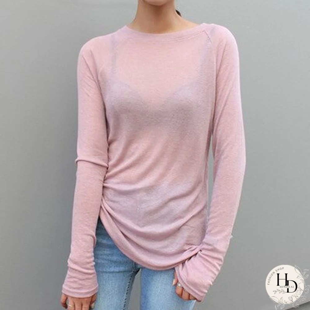 Hot Sale New Spring Summer Basic Tops Long Sleeve Loose Thin Sexy Blue T-shirt Women Fashion Solid Color Cotton Tee Femme