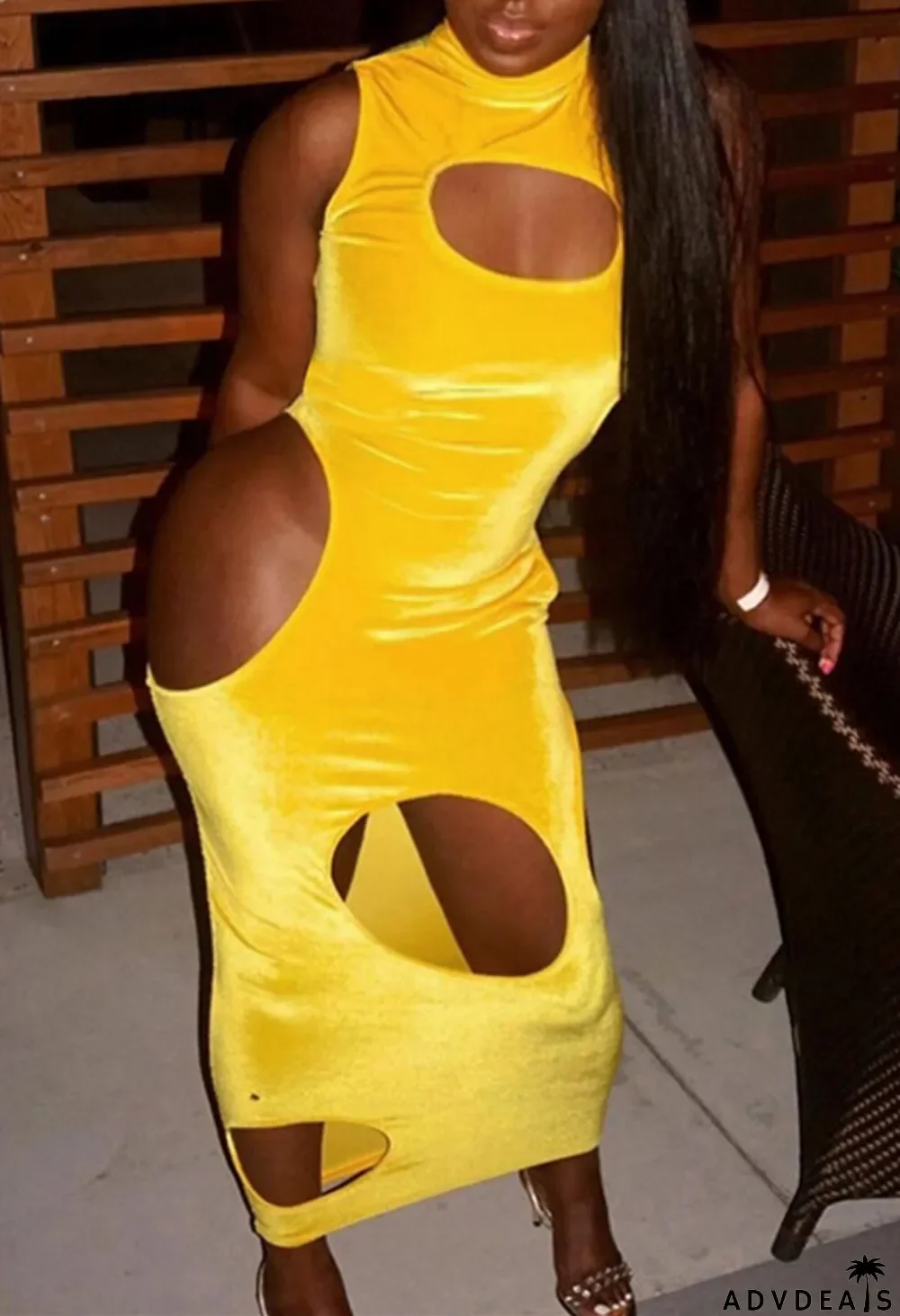Summer Yellow Cut Out Sleeveless Turtleneck Sexy Midi Dress