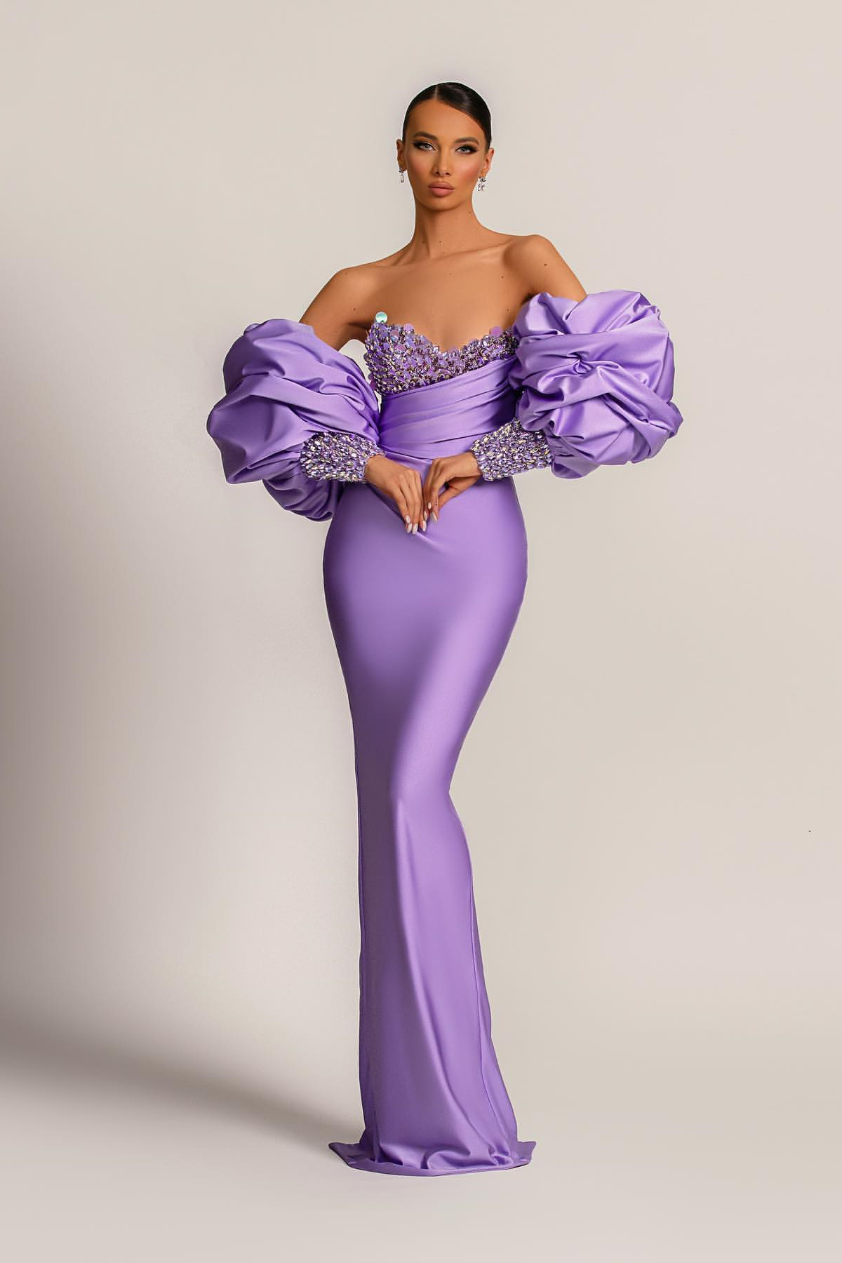 Oknass Purple Mermaid Prom Dress With Appliques Puff Sleeves