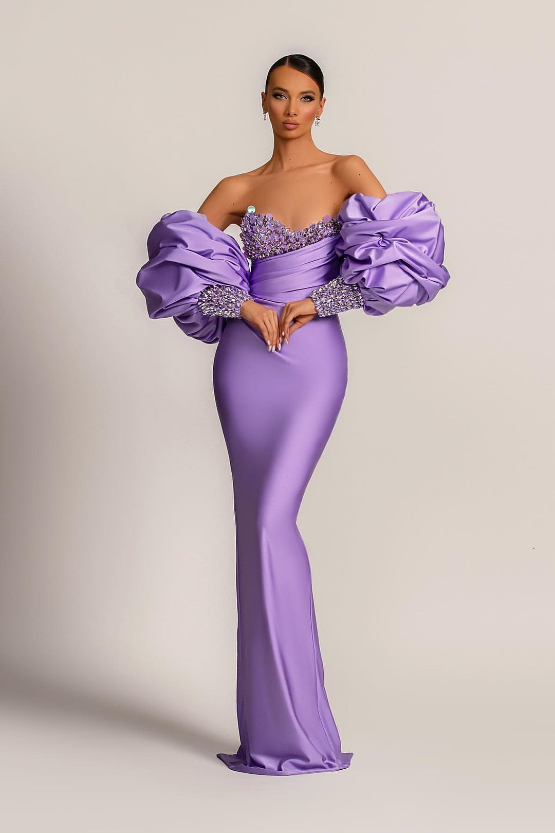 Daisda Purple Mermaid Prom Dress With Appliques Puff Sleeves