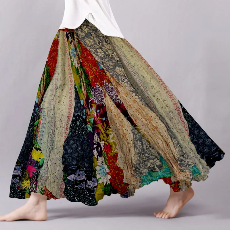 Vintage Boho Patchwork Flowy Linen Blend Wide Skirt