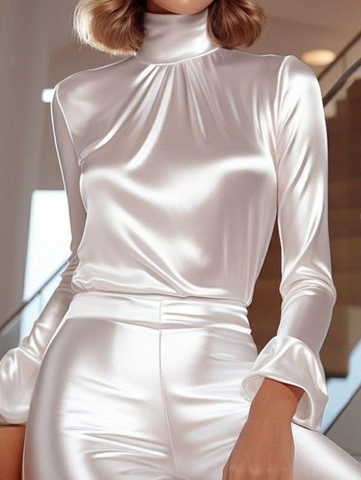 Elegant High Neck Flare Sleeve Solid Blouse