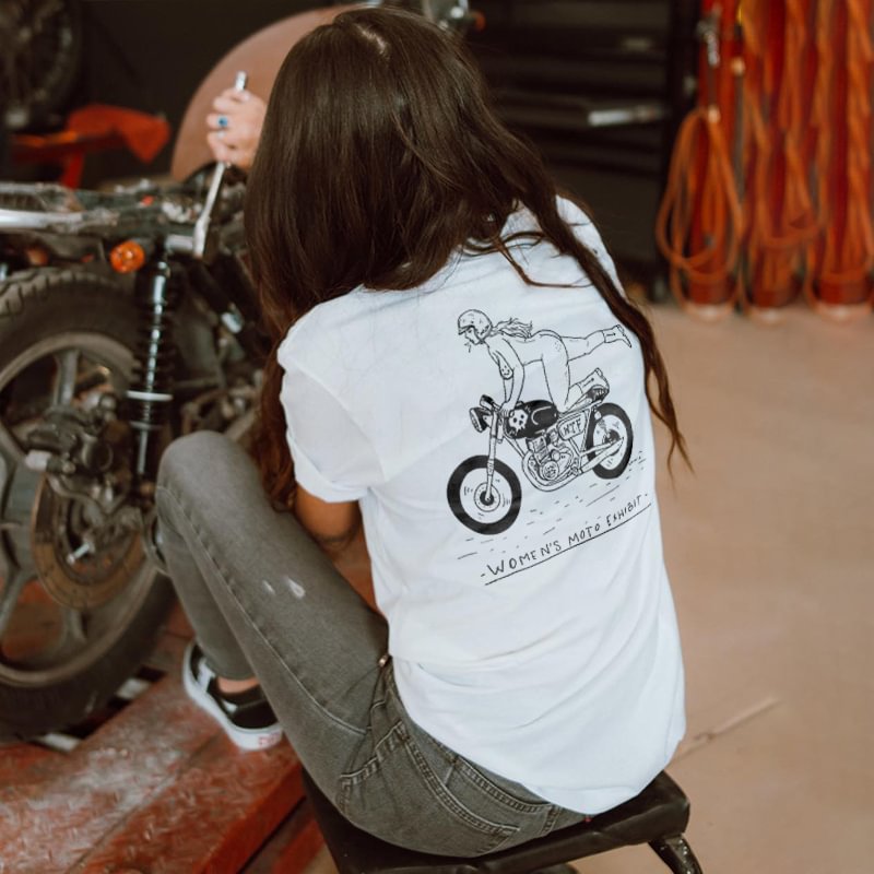 Women's moto exhibit rider printed designer crew neck T-shirt