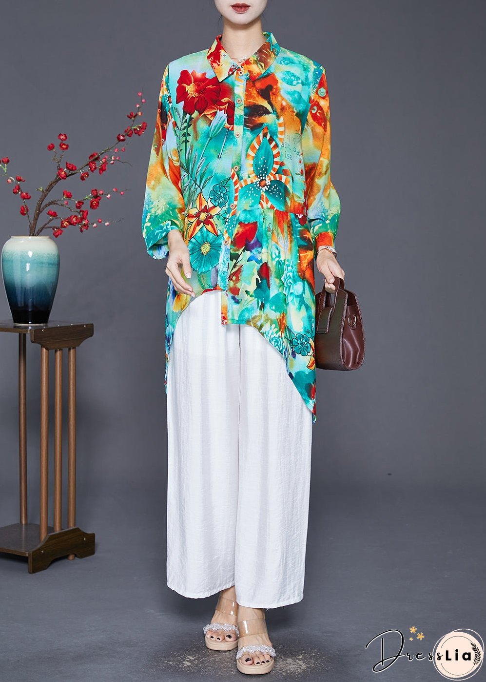 Women Green Asymmetrical Print Cotton Shirt Top Fall