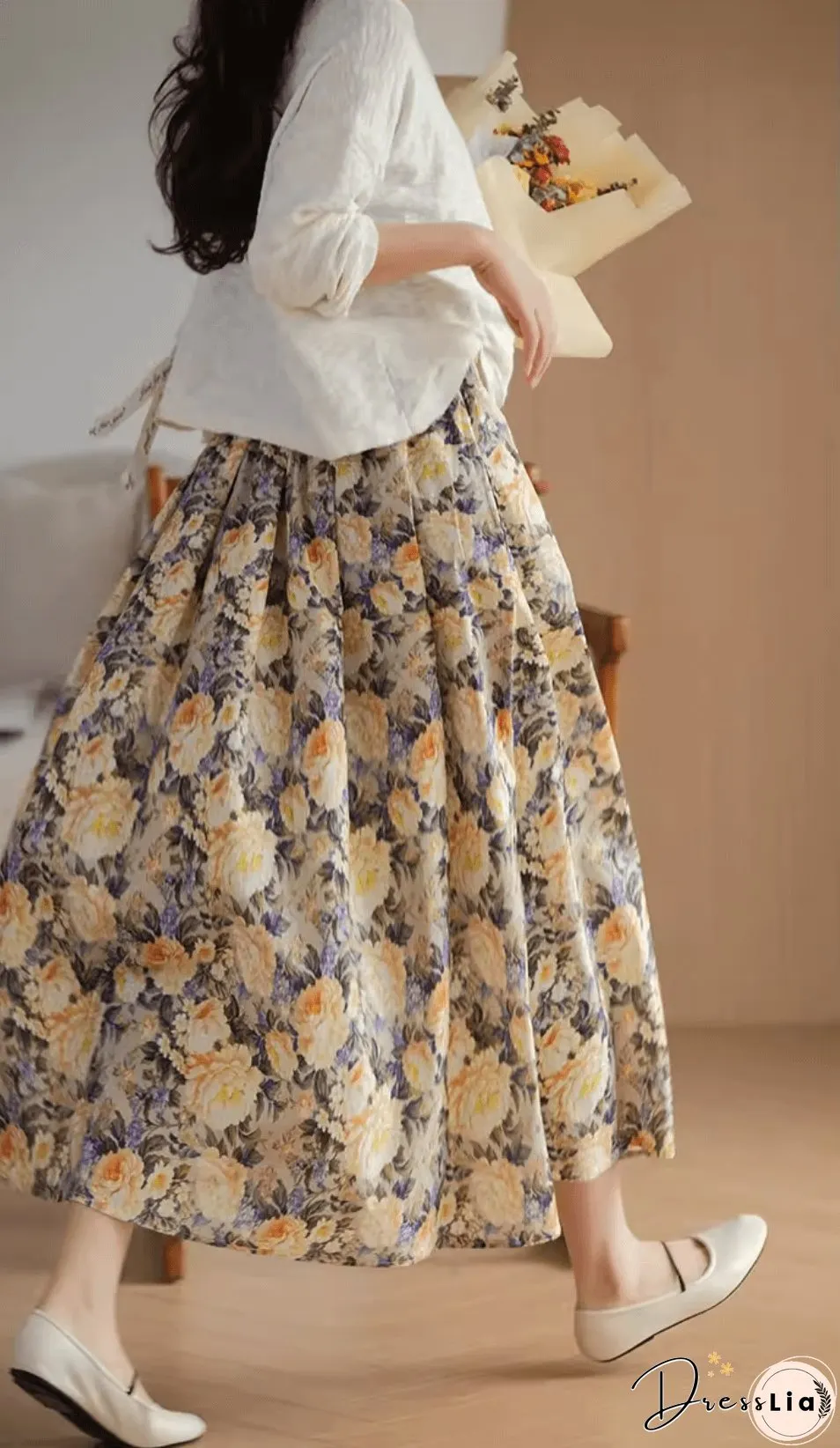 Gold Flower Printed Summer Linen Skirt