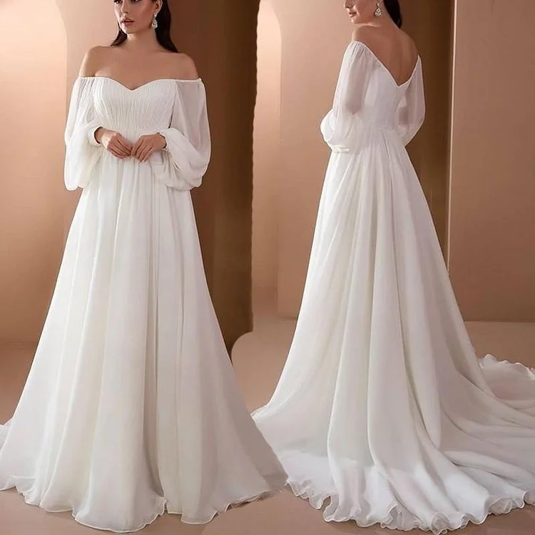 Promsstyle Elegant white off shoulder puff sleeve floor length dress Prom Dress 2023