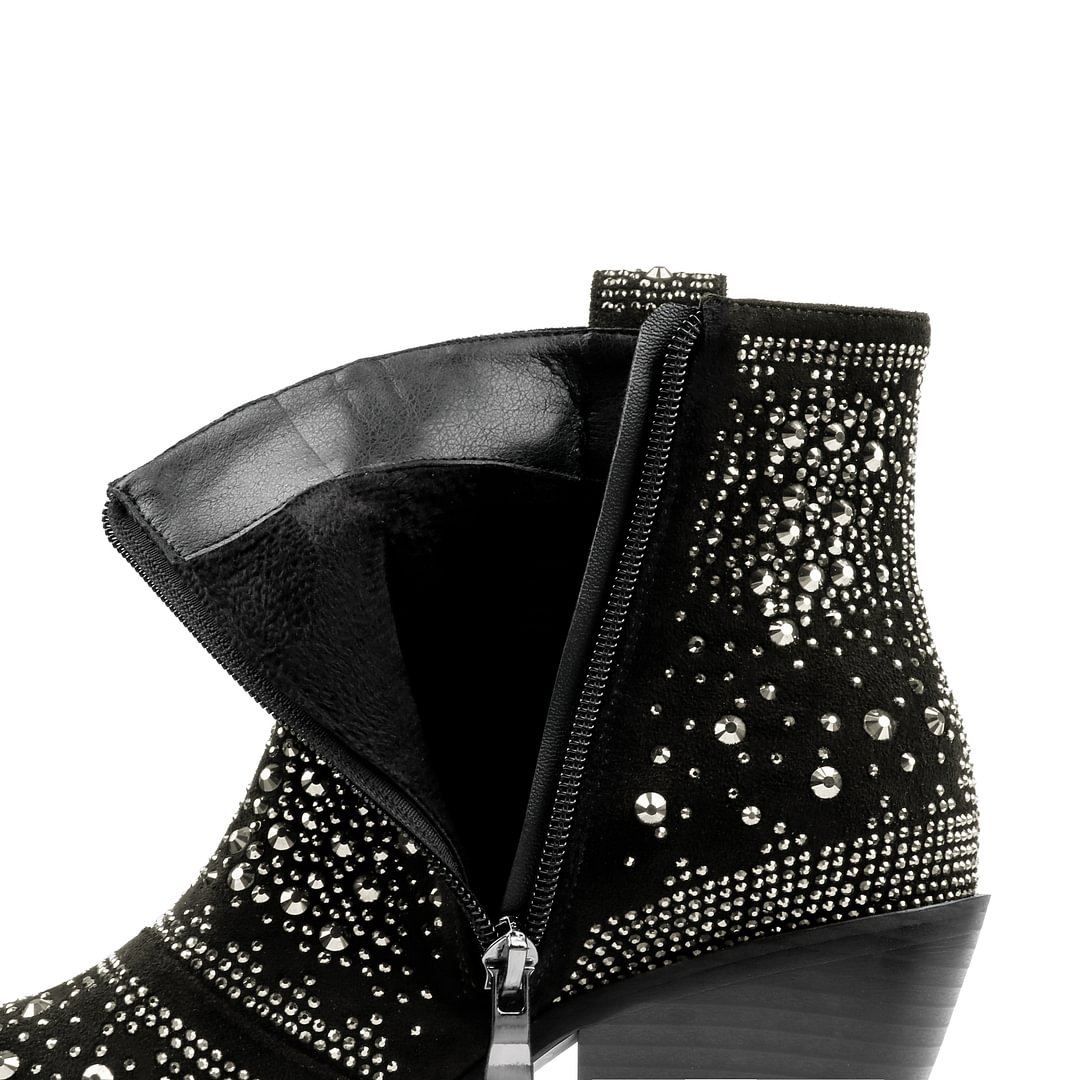 2.56" Women's Rhinestone Western Cowboy Boots Pointed Toe Block Heel Sparkly Ankle Boots-MERUMOTE