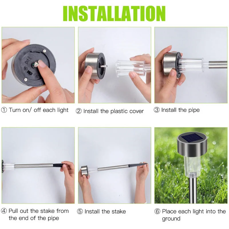 12 Packs Solar Glass Stainless Steel Waterproof Stake Lights For Outdoor Pathway Garden