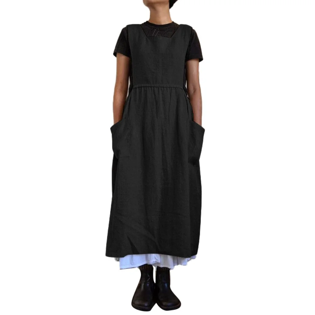 Dresses for Women 2021 Solid Color Sleeveless Square Neck Pockets Cotton Linen Apron Loose Long Dress Casual Overalls