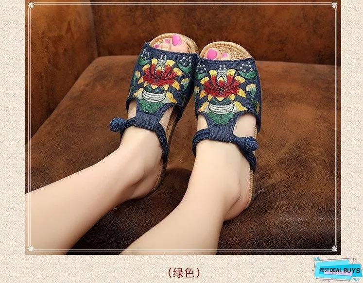 Ethnic Style Wedge with Non-slip Fish Mouth Type Embroidered Sandals and Slippers