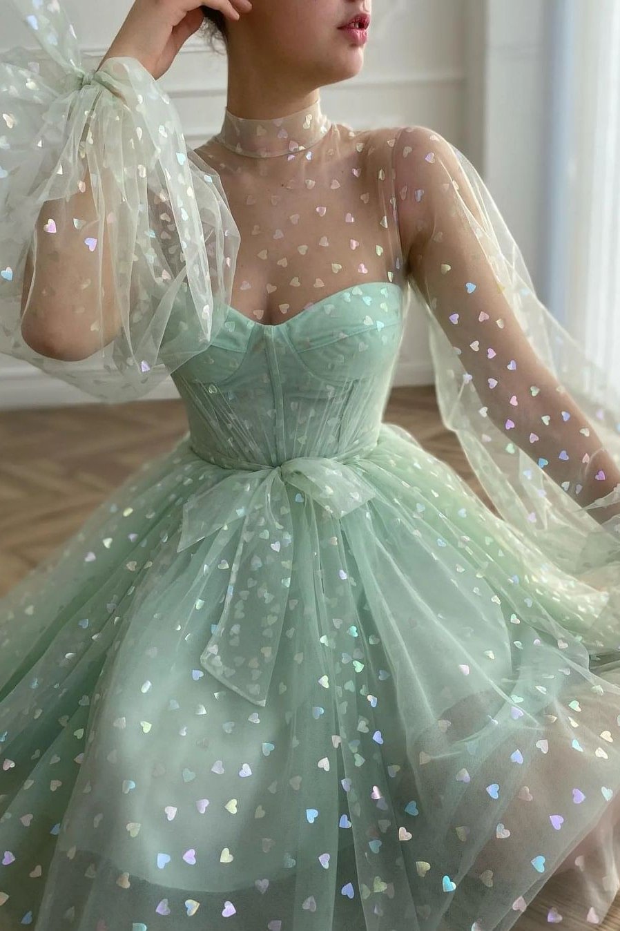 Mint Green Glitter Sweetheart  Short Prom Dress With Lace Sequins | Ballbellas Ballbellas