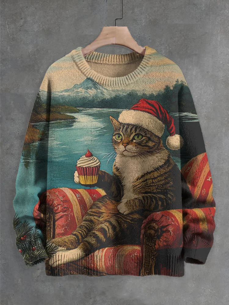 Men's Christmas Holly Cat and Cupcake Print Knit Sweatshirt